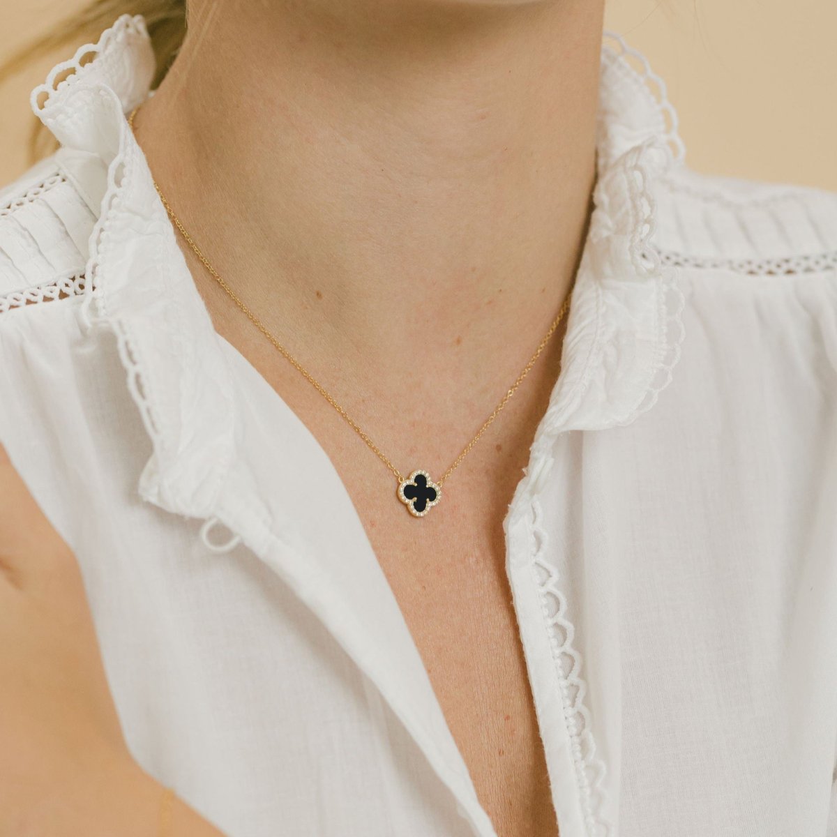 Clover Necklace with Black Onyx and Cubic Zirconia (Gold) - Lulu B Jewellery