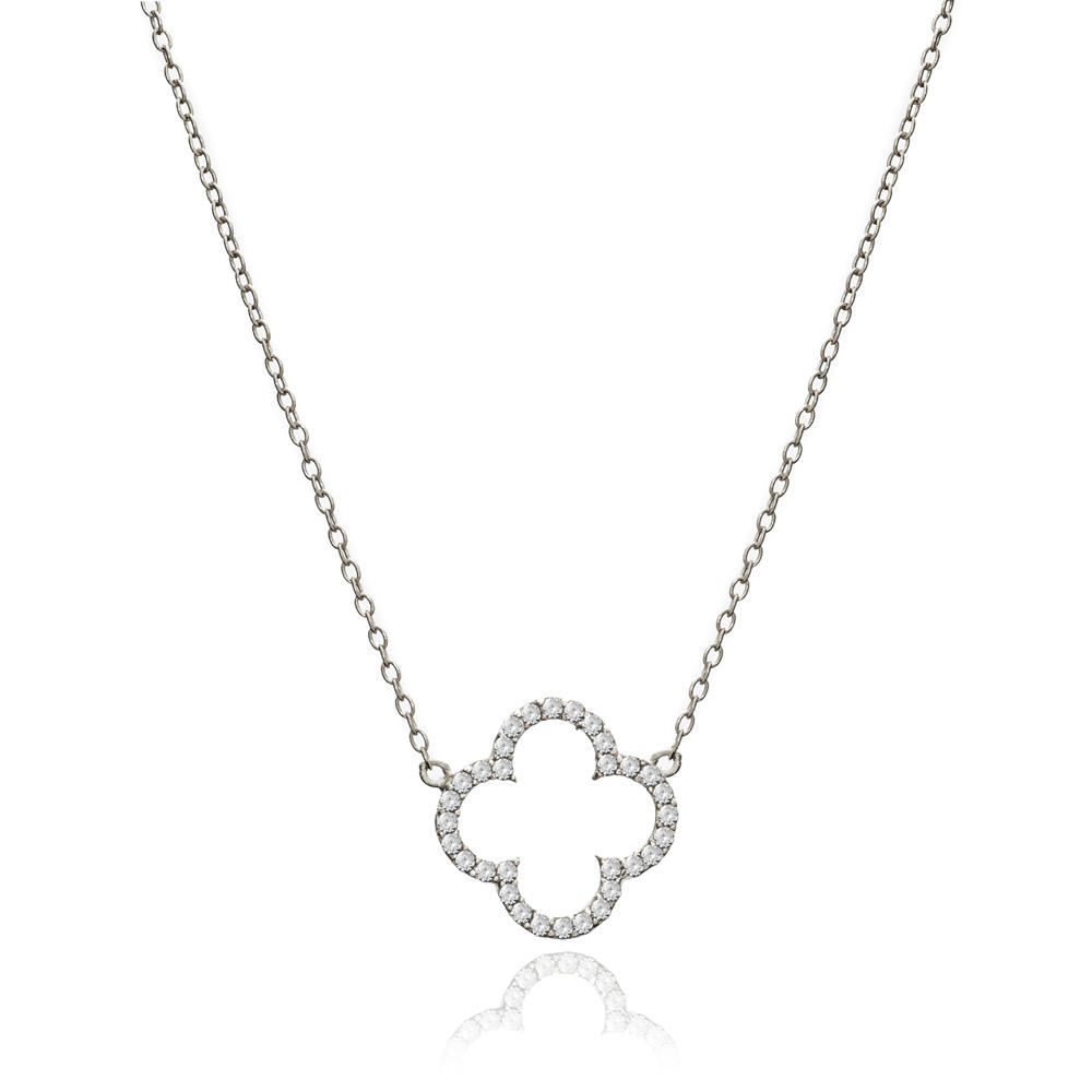 Clover Necklace with Cubic Zirconia (Silver) - Lulu B Jewellery