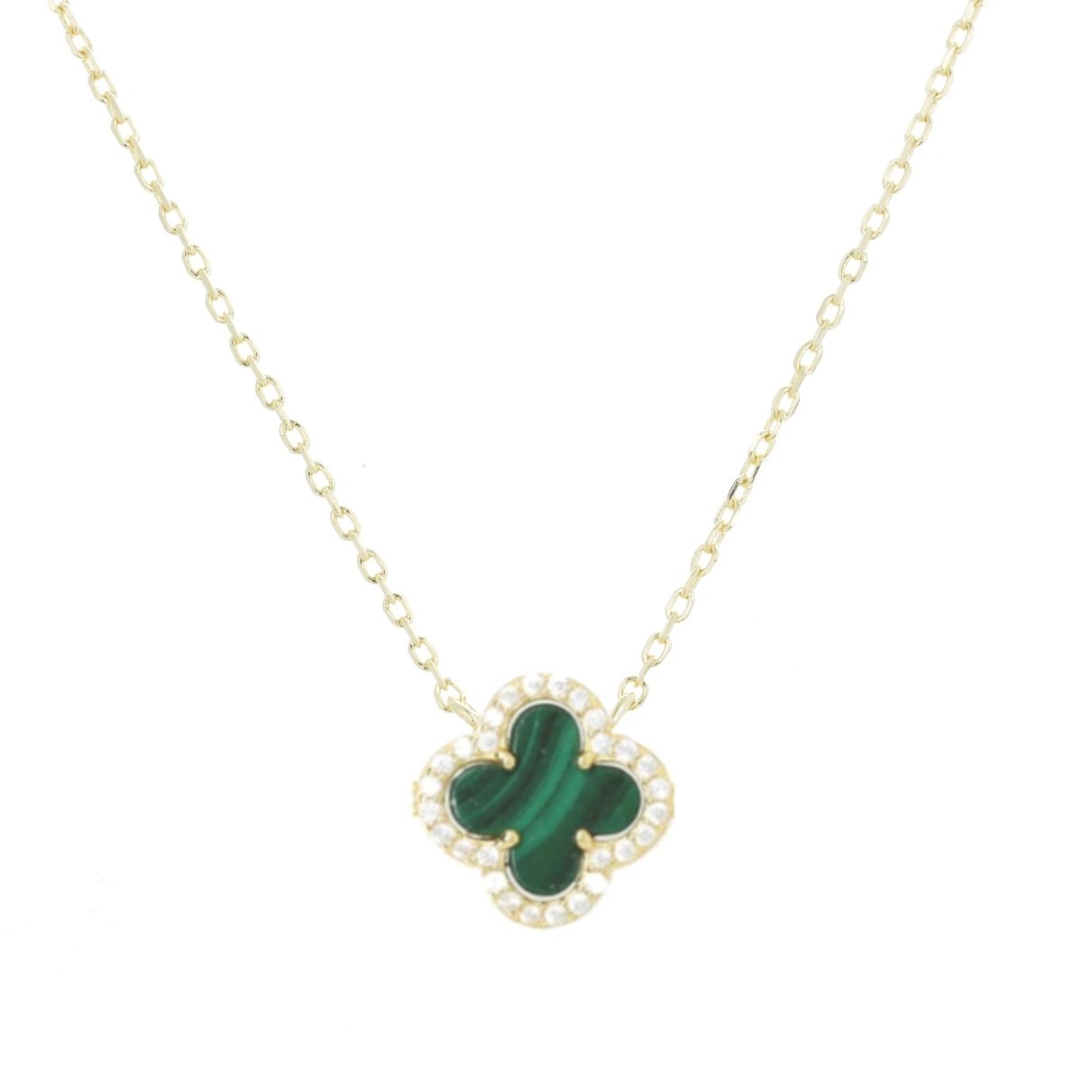 Clover Necklace with Malachite and Cubic Zirconia (Gold) - Lulu B Jewellery