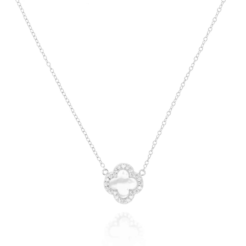 Clover Necklace with Mother of Pearl and Cubic Zirconia (Silver) - Lulu B Jewellery