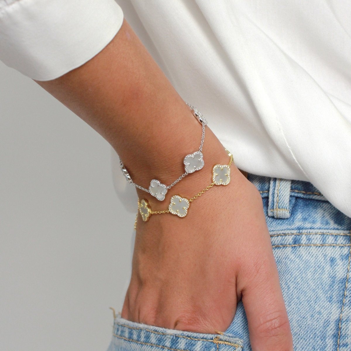 Clover Silver Bracelet (5 Piece) with Mother of Pearl and Cubic Zirconia - Lulu B Jewellery