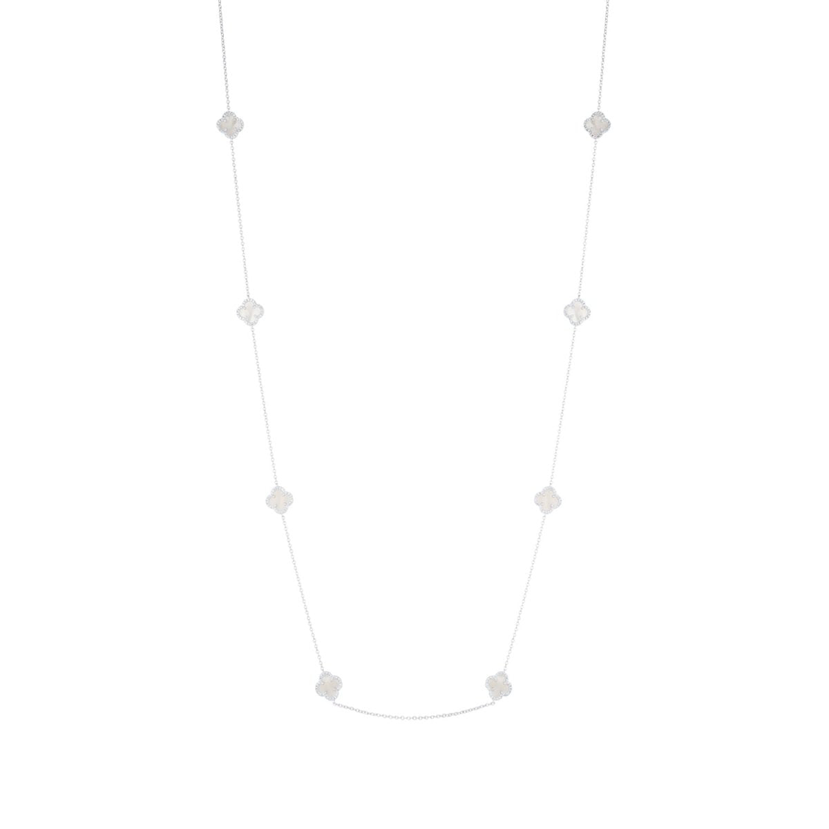 Clover Silver Long Necklace with Mother of Pearl and Cubic Zirconia - Lulu B Jewellery