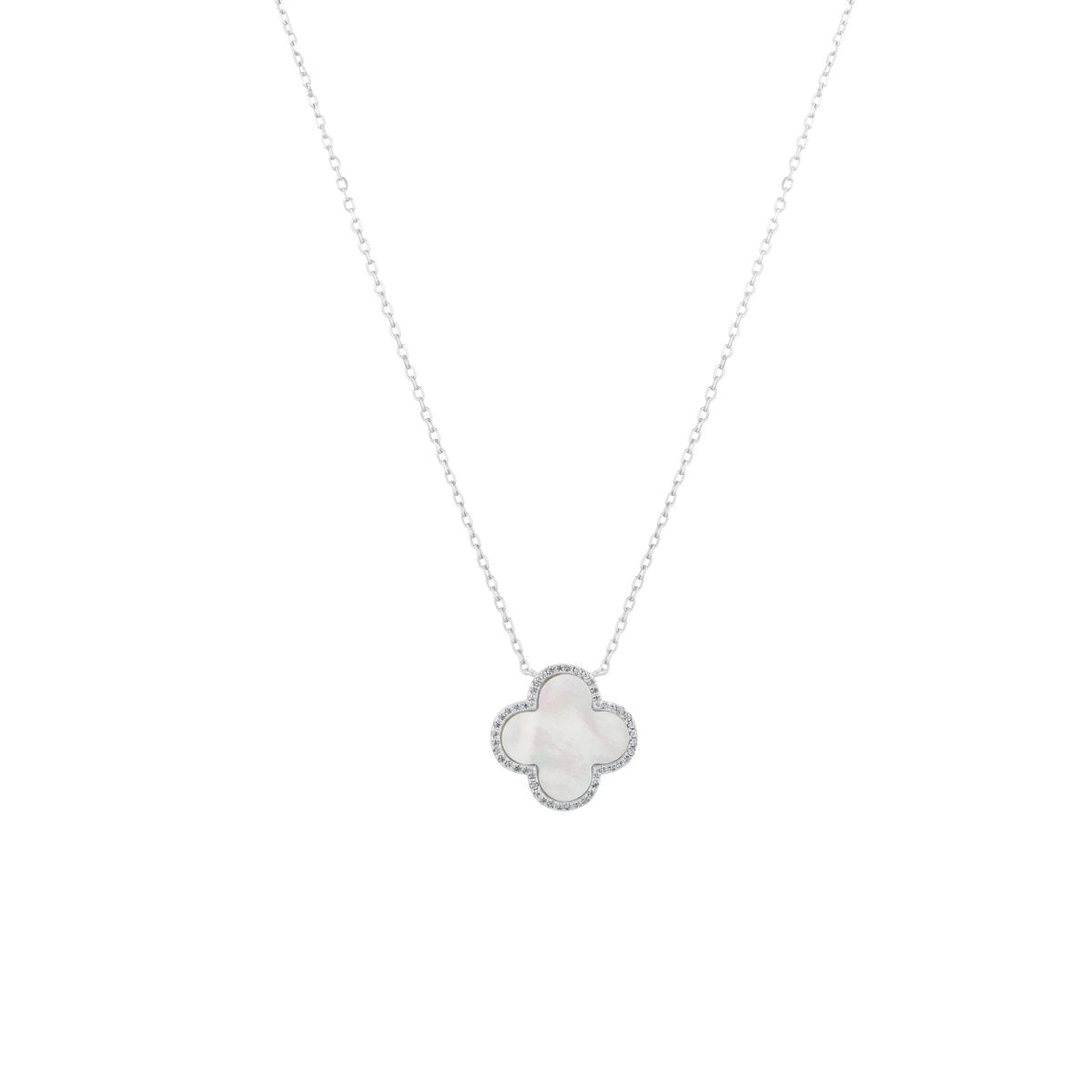 Clover Silver Necklace with Mother of Pearl and Cubic Zirconia - Large - Lulu B Jewellery