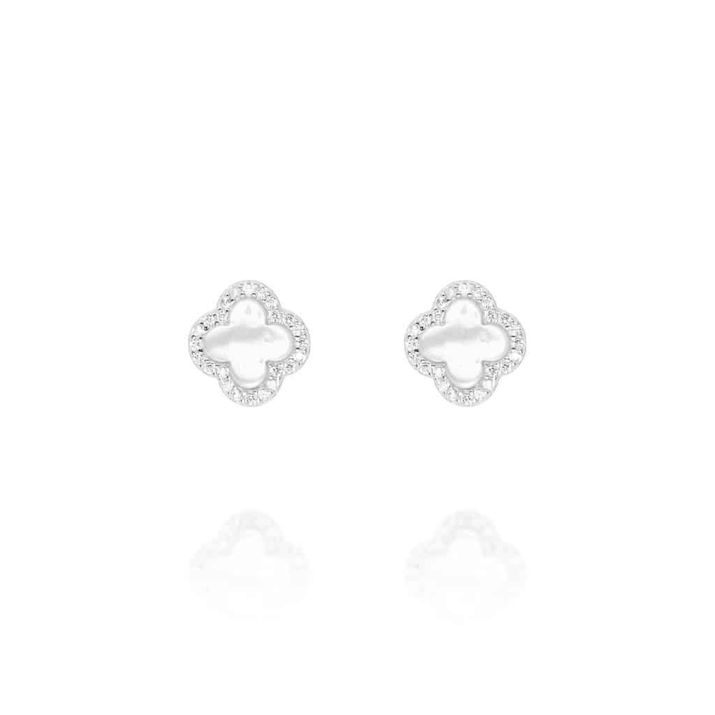 Clover Stud Earrings with Mother of Pearl and Cubic Zirconia (Silver) - Lulu B Jewellery