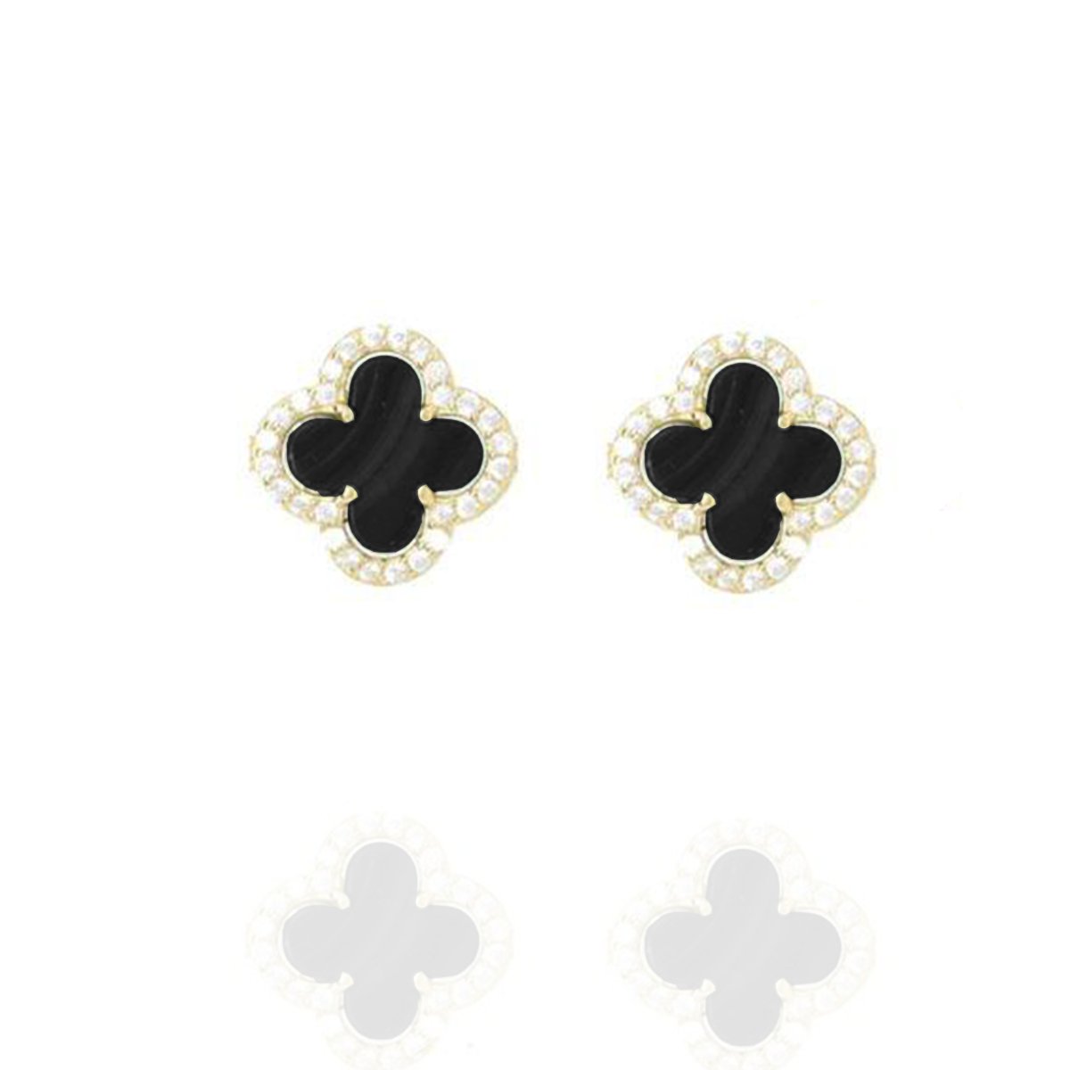 Clover Studs with Black Onyx and Cubic Zirconia (Gold) (Large) - Lulu B Jewellery