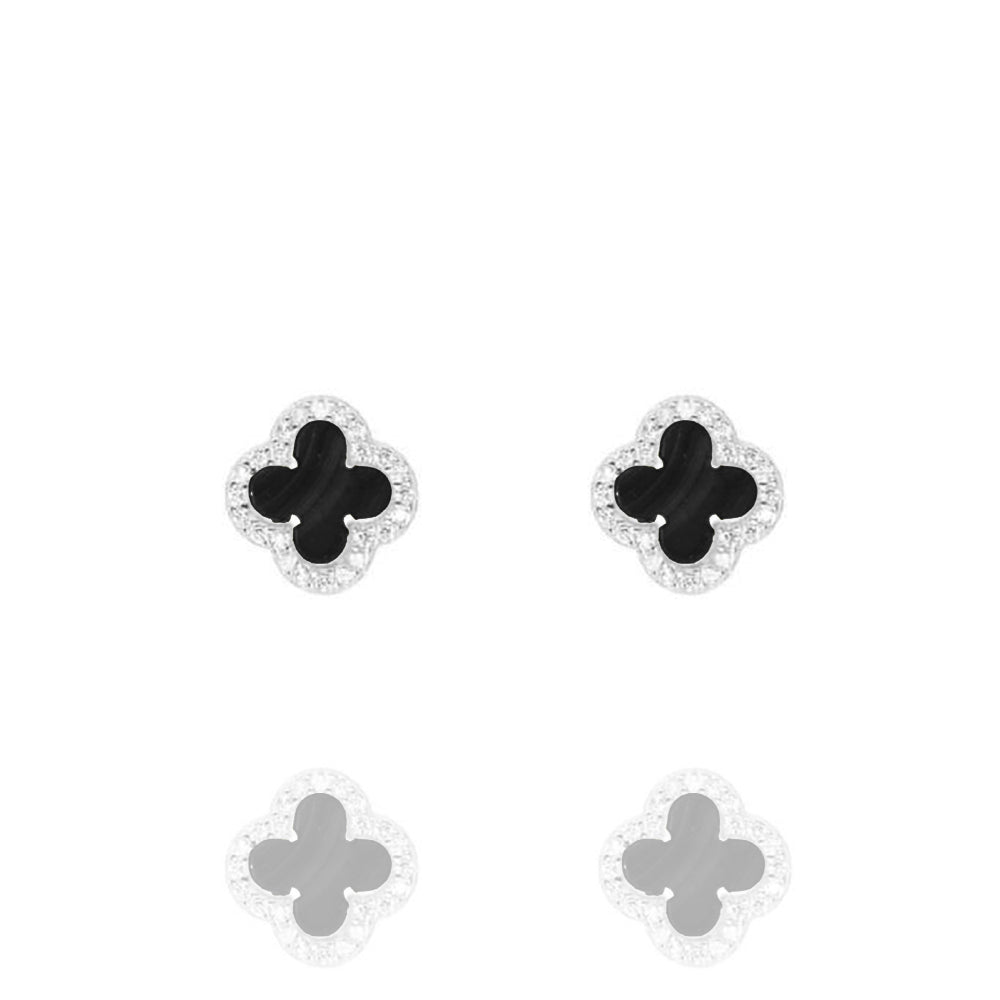 Clover Studs with Black Onyx and Cubic Zirconia (Silver) (Small) - Lulu B Jewellery