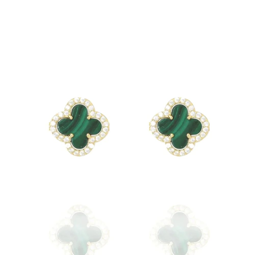 Clover Studs with Malachite and Cubic Zirconia (Gold) (Large) - Lulu B Jewellery