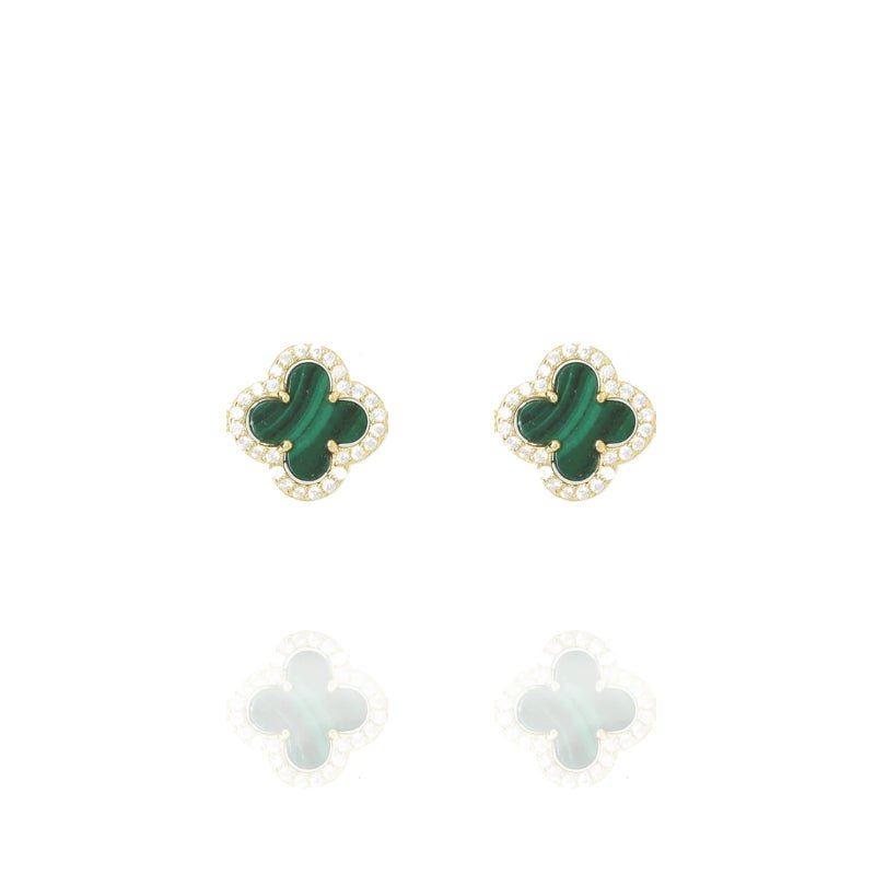 Clover Studs with Malachite and Cubic Zirconia (Gold)(Small) - Lulu B Jewellery