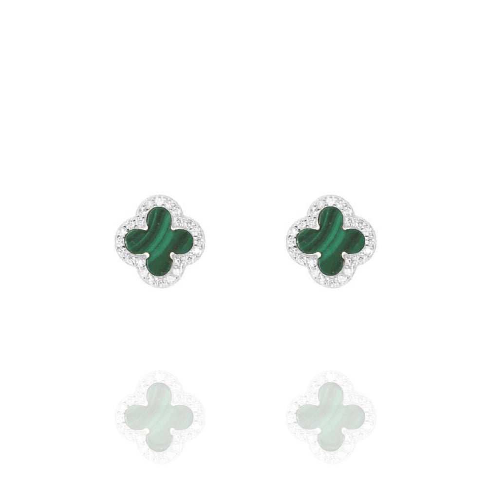 Clover Studs with Malachite and Cubic Zirconia (Silver)(Small) - Lulu B Jewellery