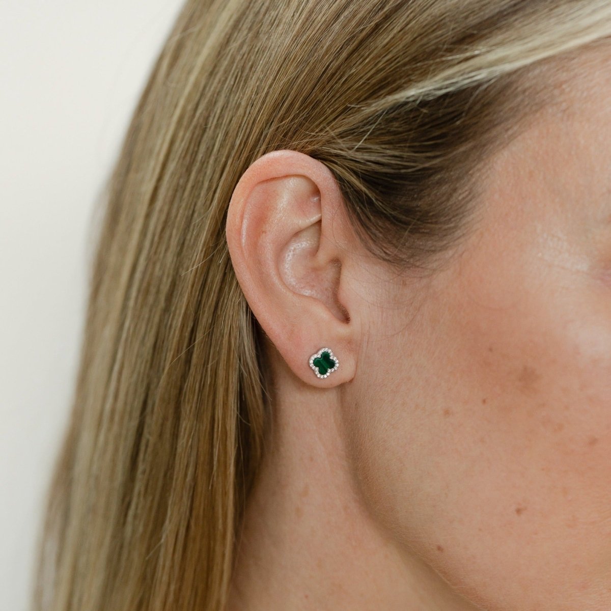 Clover Studs with Malachite and Cubic Zirconia (Silver)(Small) - Lulu B Jewellery