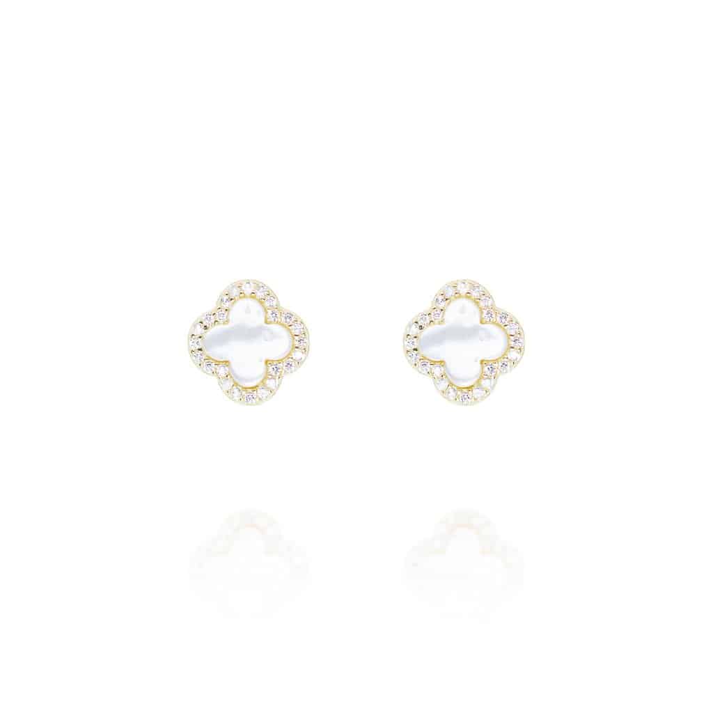 Clover Studs with Mother of Pearl and Cubic Zirconia (Gold) - Lulu B Jewellery