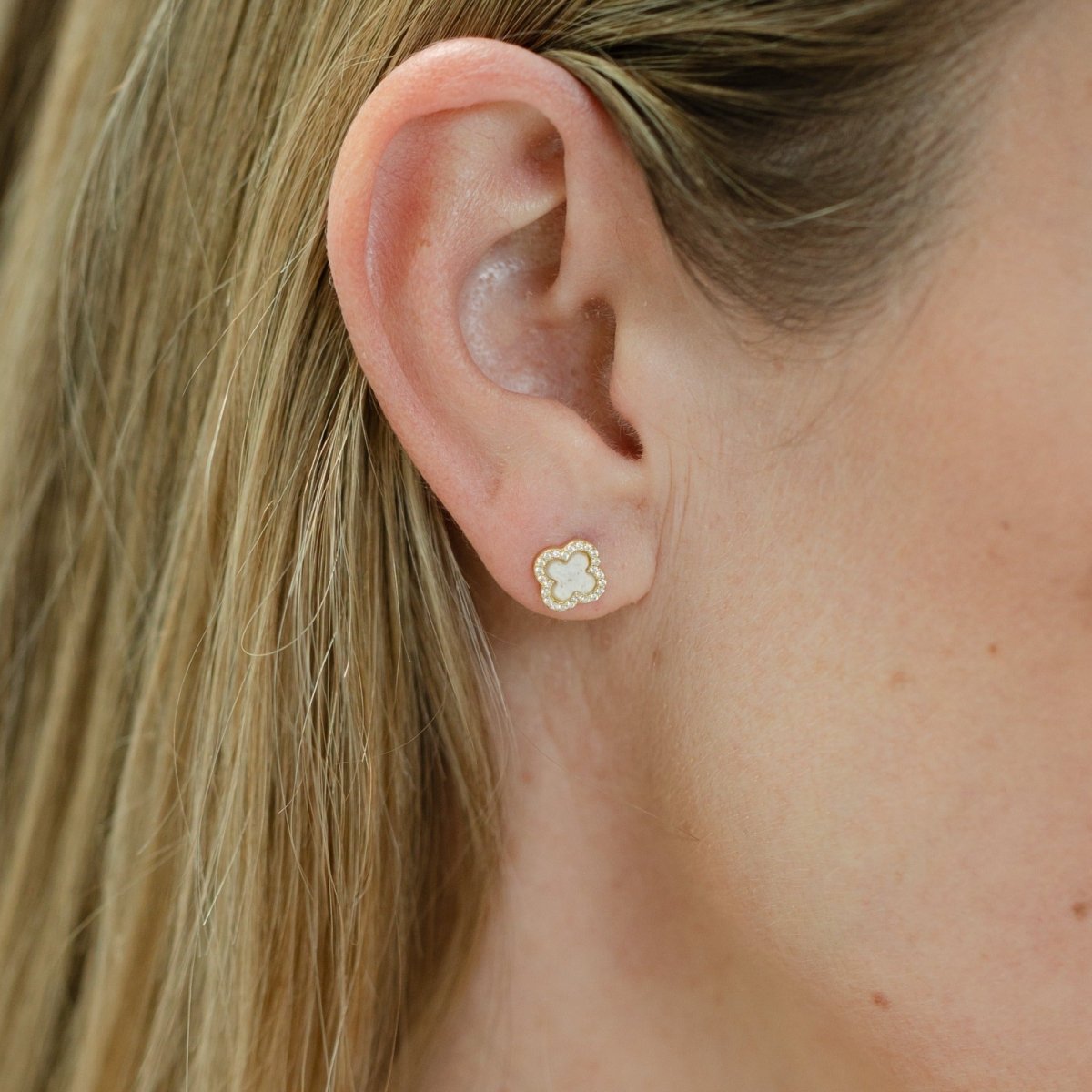 Clover Studs with Mother of Pearl and Cubic Zirconia (Gold) - Lulu B Jewellery