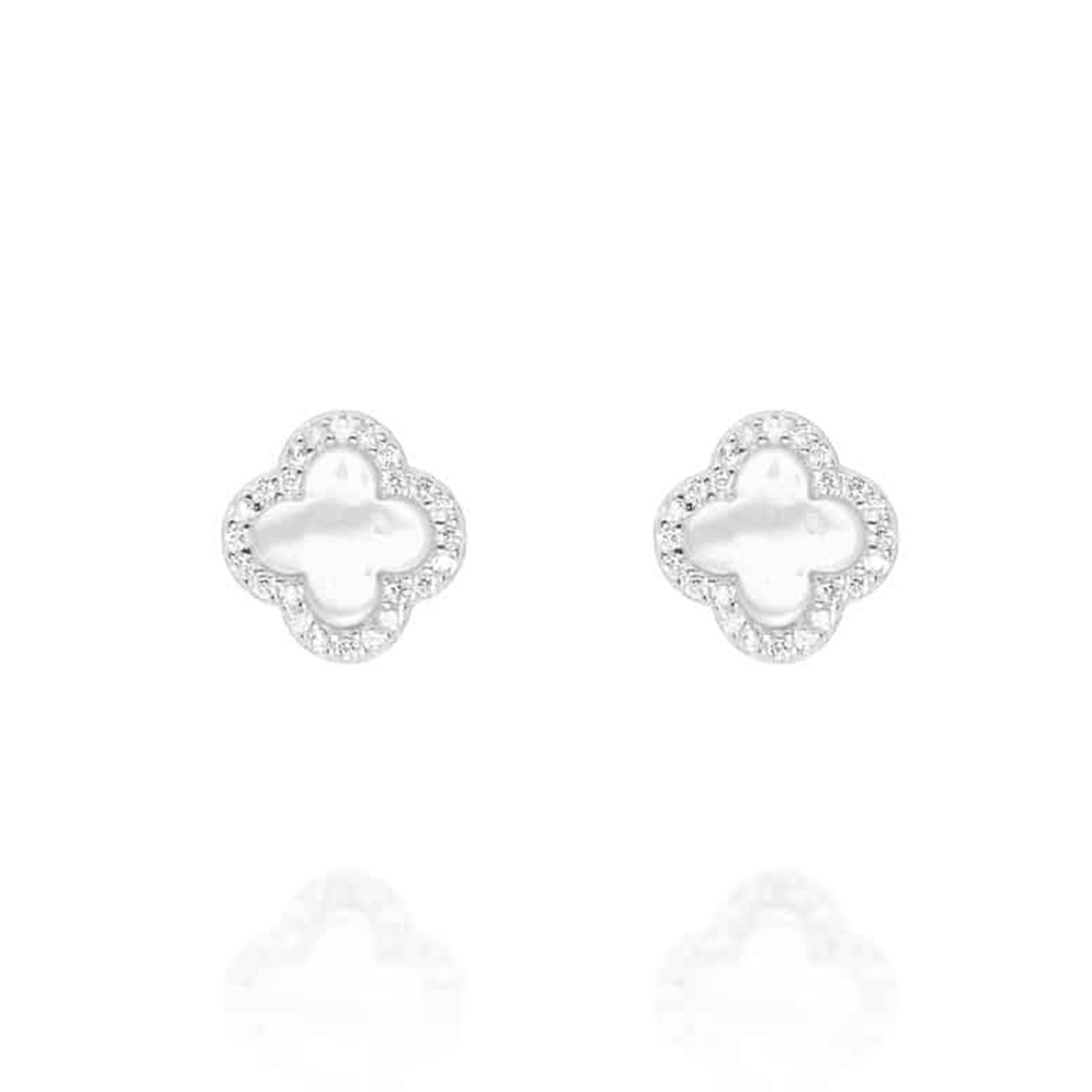 Clover Studs with Mother of Pearl and Cubic Zirconia (Silver) (Large) - Lulu B Jewellery