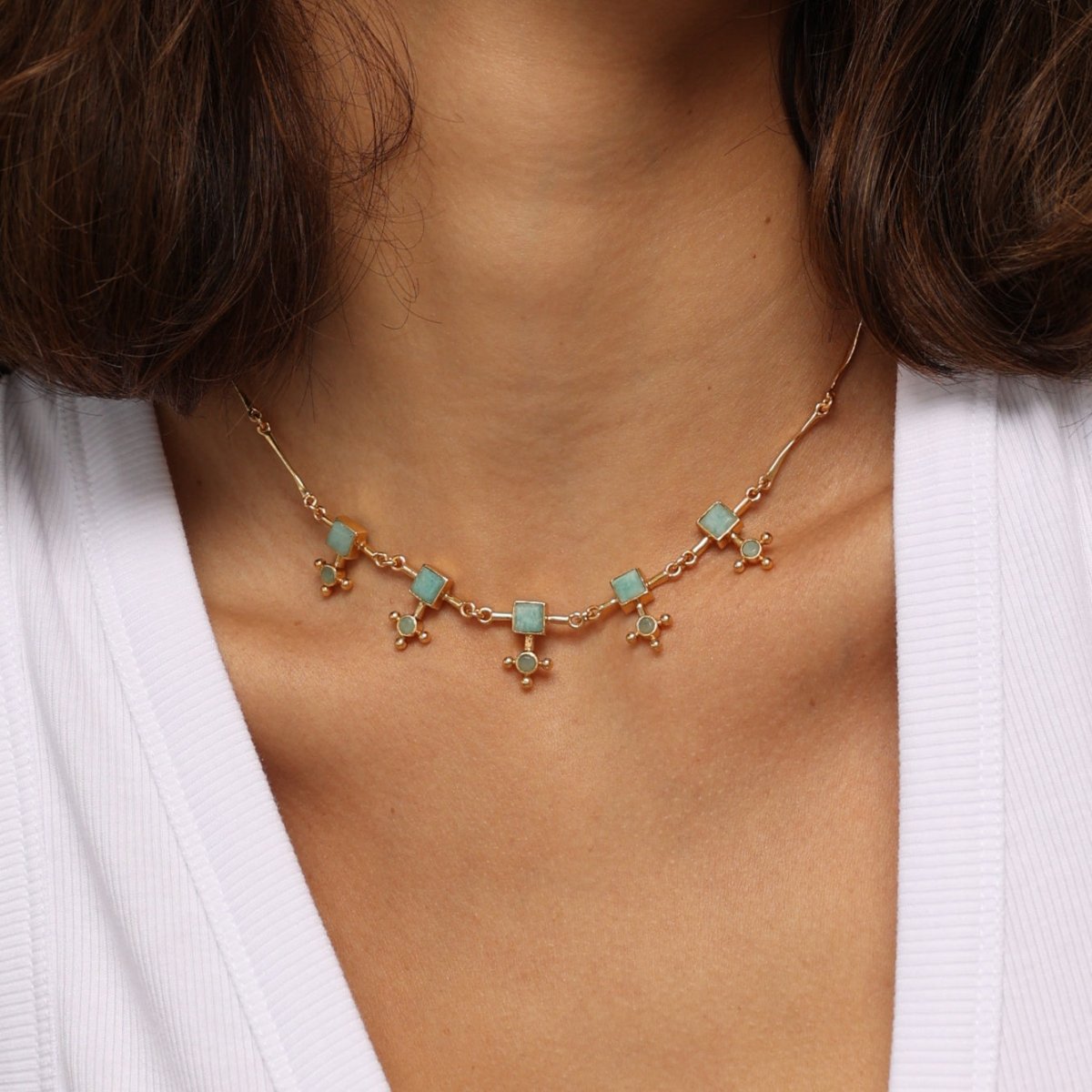Cross Amazonite Gold Choker Necklace - Lulu B London - Timeless Jewellery