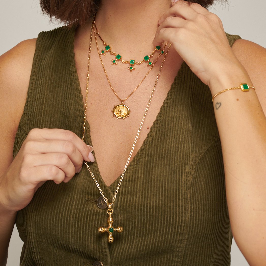 Cross Green Onyx Gold Choker Necklace - Lulu B Jewellery