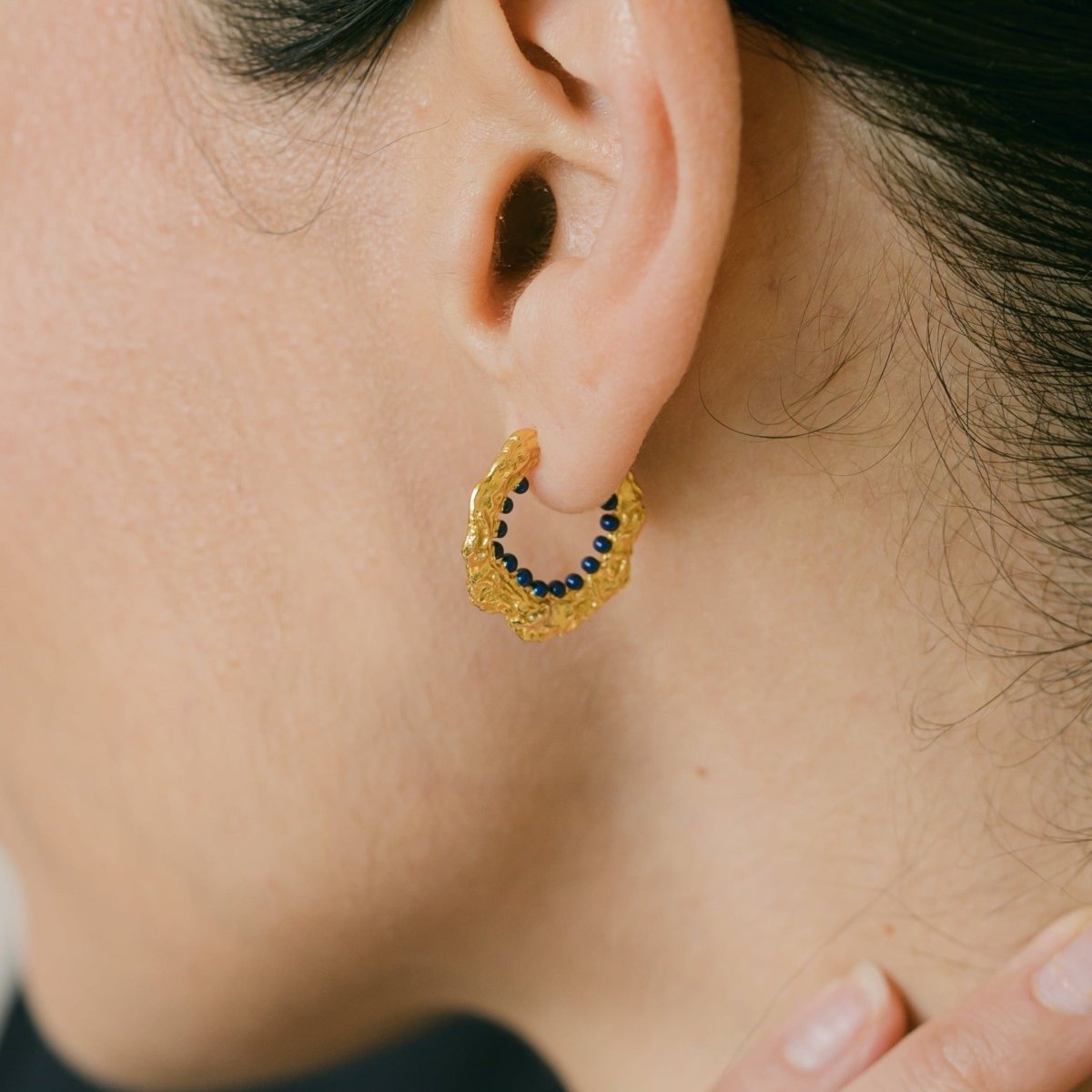 Crumpled Gold Hoop Earrings with Navy Enamel - Eloise - Lulu B Jewellery