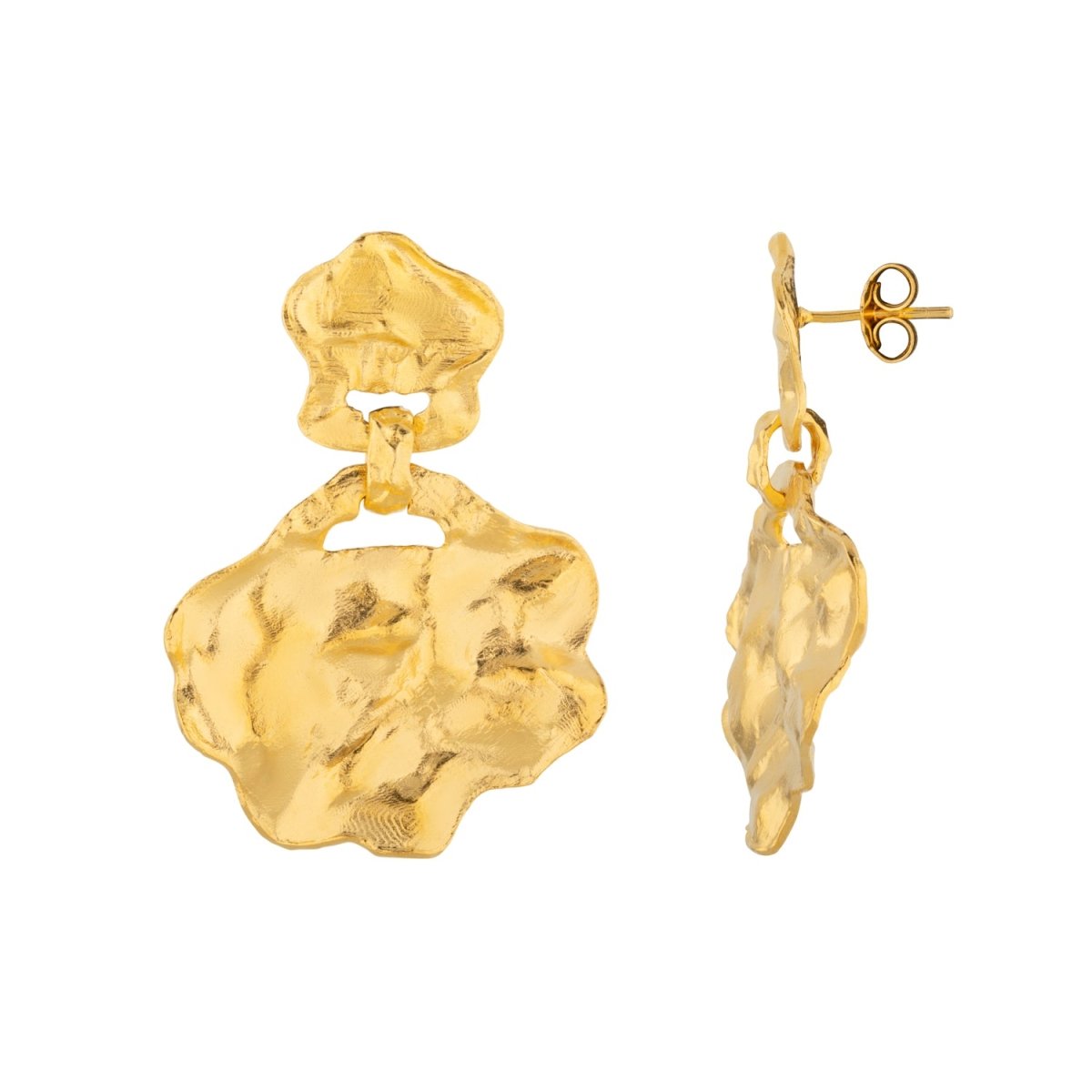 Crumpled Gold Stud Drop Large Earrings - Lulu B London - Timeless Jewellery