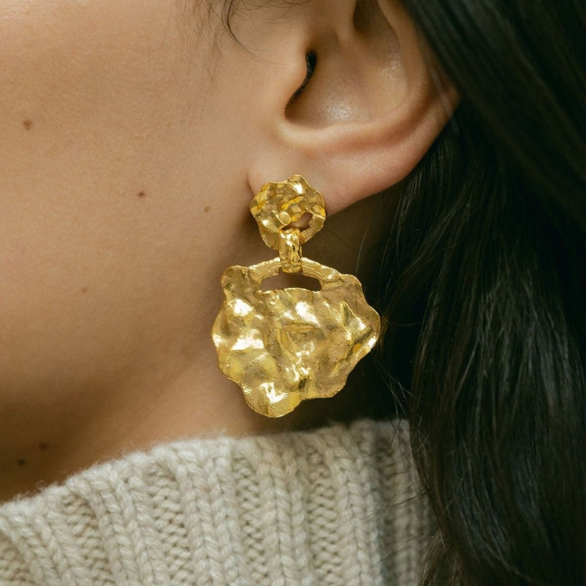 Crumpled Gold Stud Drop Large Earrings - Eloise - Lulu B Jewellery