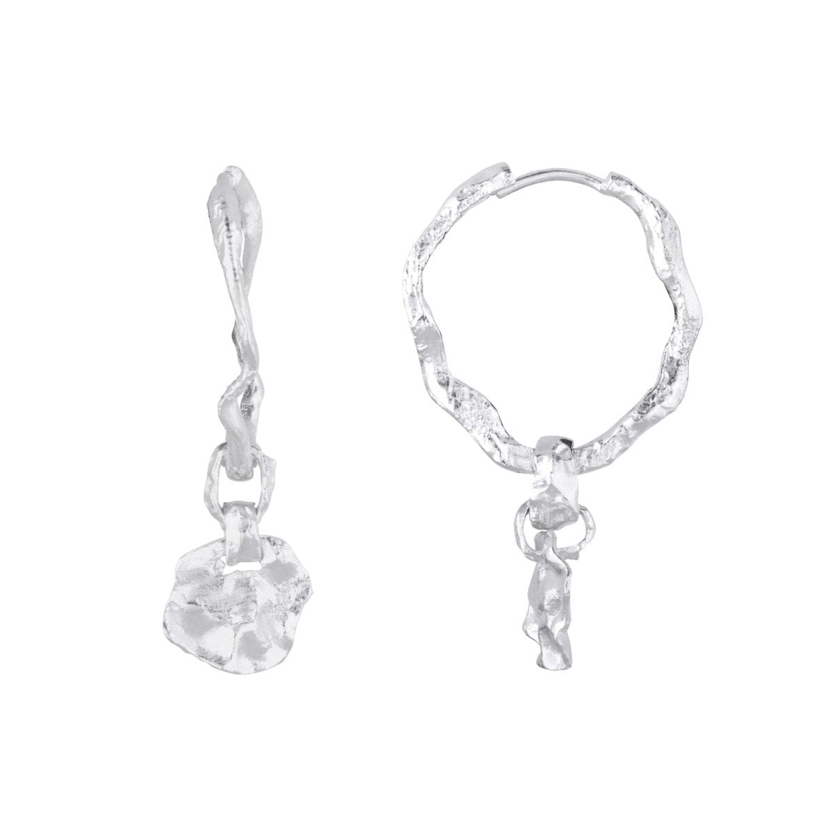 Crumpled Silver Hoop Earrings with Coin - Small - Lulu B Jewellery