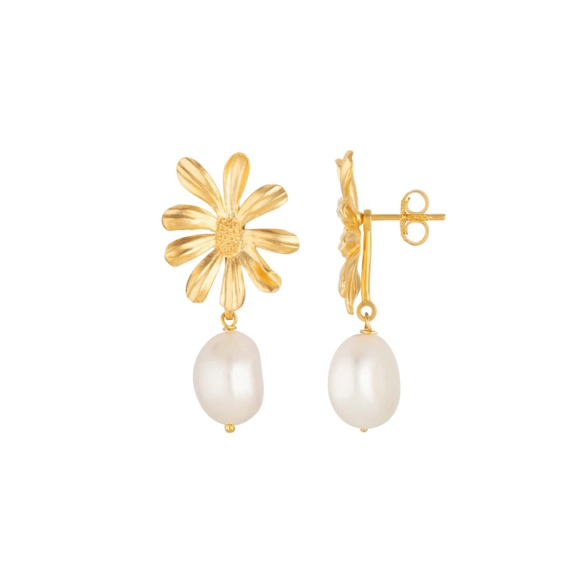 Daisy Flower and Pearl Gold Stud Drop Earrings - Lulu B London - Timeless Jewellery