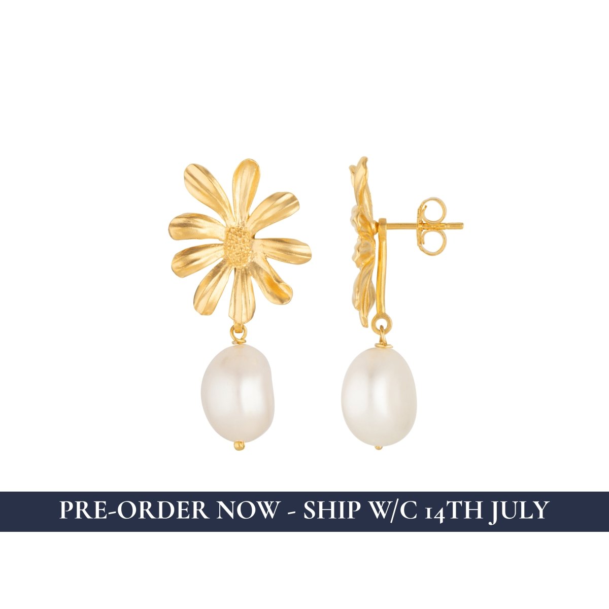 Daisy Flower and Pearl Gold Stud Drop Earrings - Lulu B London - Timeless Jewellery