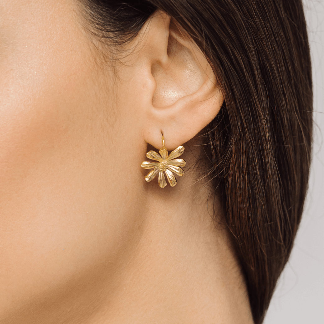 Daisy Flower Textured Gold Hook Earrings - Lulu B London - Timeless Jewellery