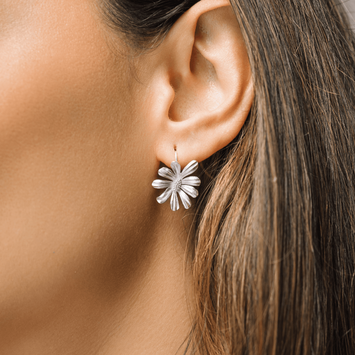 Daisy Flower Textured Silver Hook Earrings - Lulu B London - Timeless Jewellery