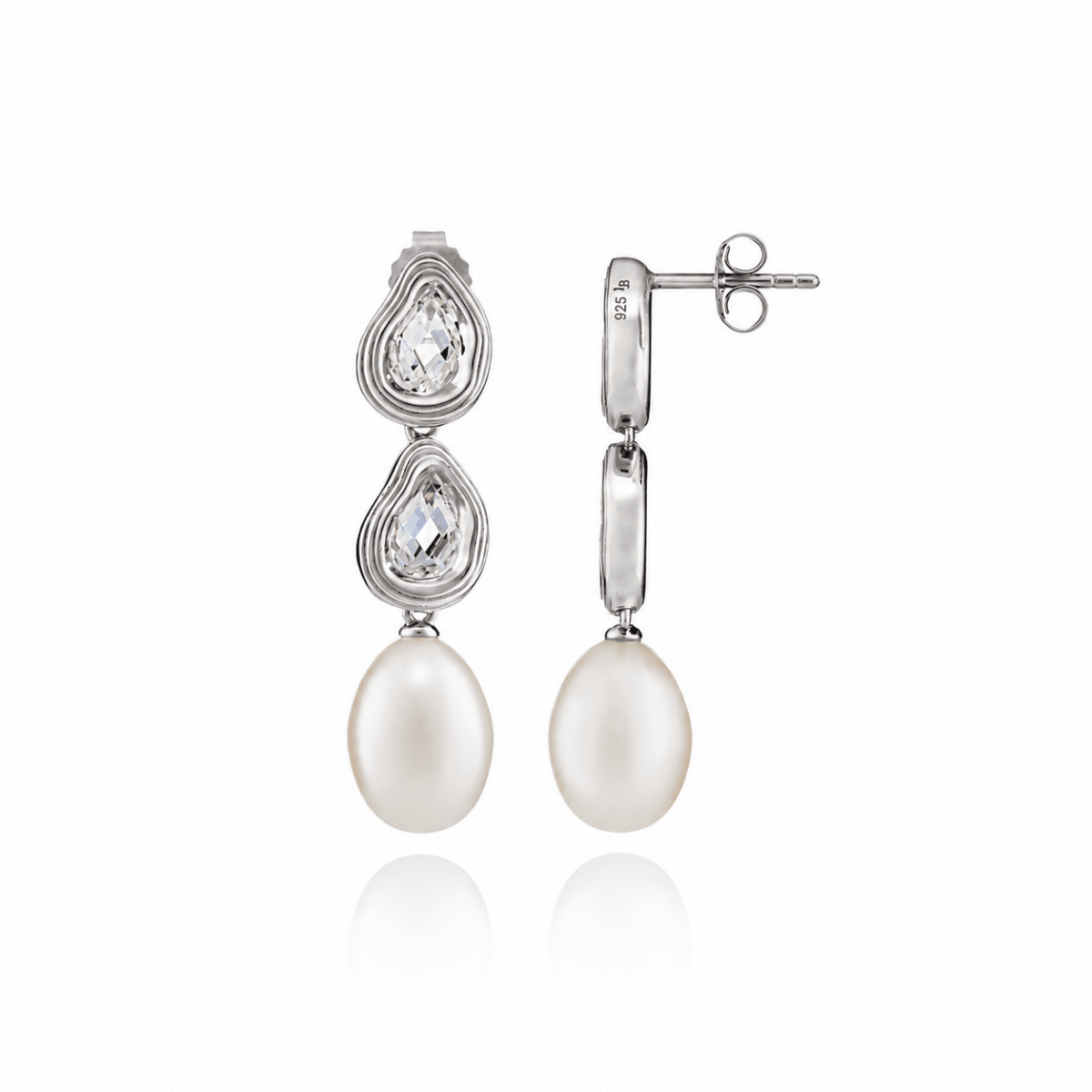 Double Teardrop and Pearl Silver Stud Drop Earrings with Cubic Zirconia - Lulu B London - Timeless Jewellery