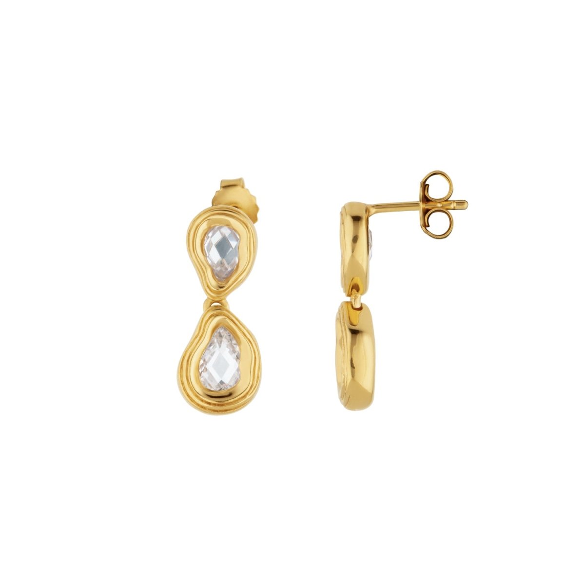 Double Teardrop Gold Stud Drop Earrings with Cubic Zirconia - Lulu B London - Timeless Jewellery