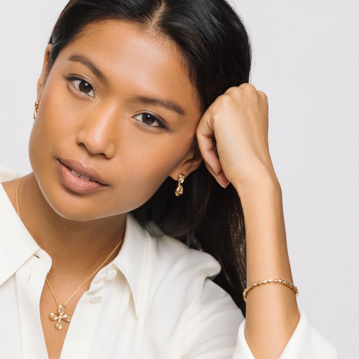 Double Teardrop Gold Stud Drop Earrings with Cubic Zirconia - Lulu B London - Timeless Jewellery