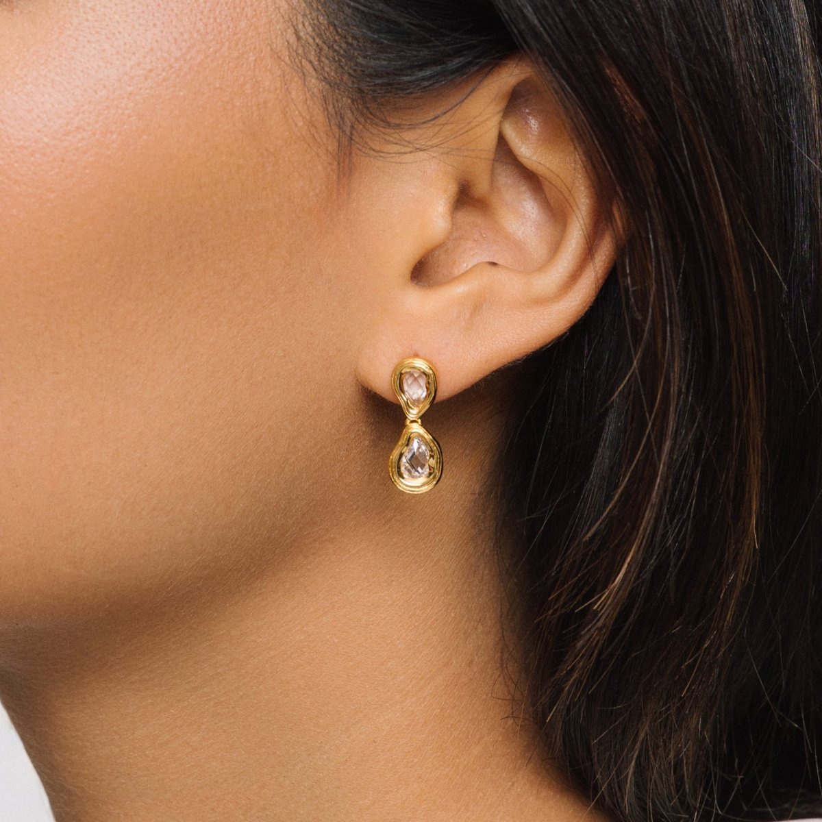 Double Teardrop Silver Stud Drop Earrings with Cubic Zirconia - Lulu B London - Timeless Jewellery
