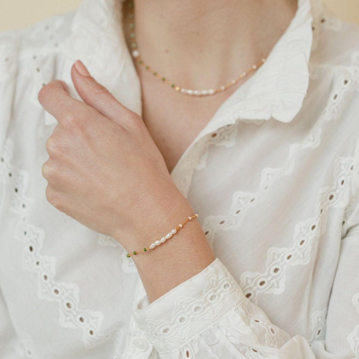 Enamel and Pearl Gold Bracelet - Mint - Lulu B Jewellery