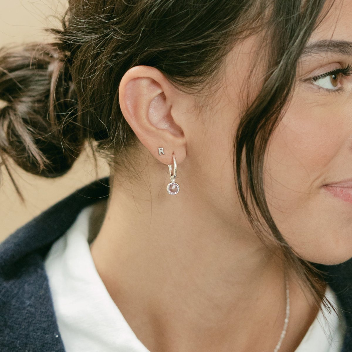 February Birthstone Silver Hoop Earrings - Amethyst (Charm sold with hoops or individually) - Lulu B Jewellery