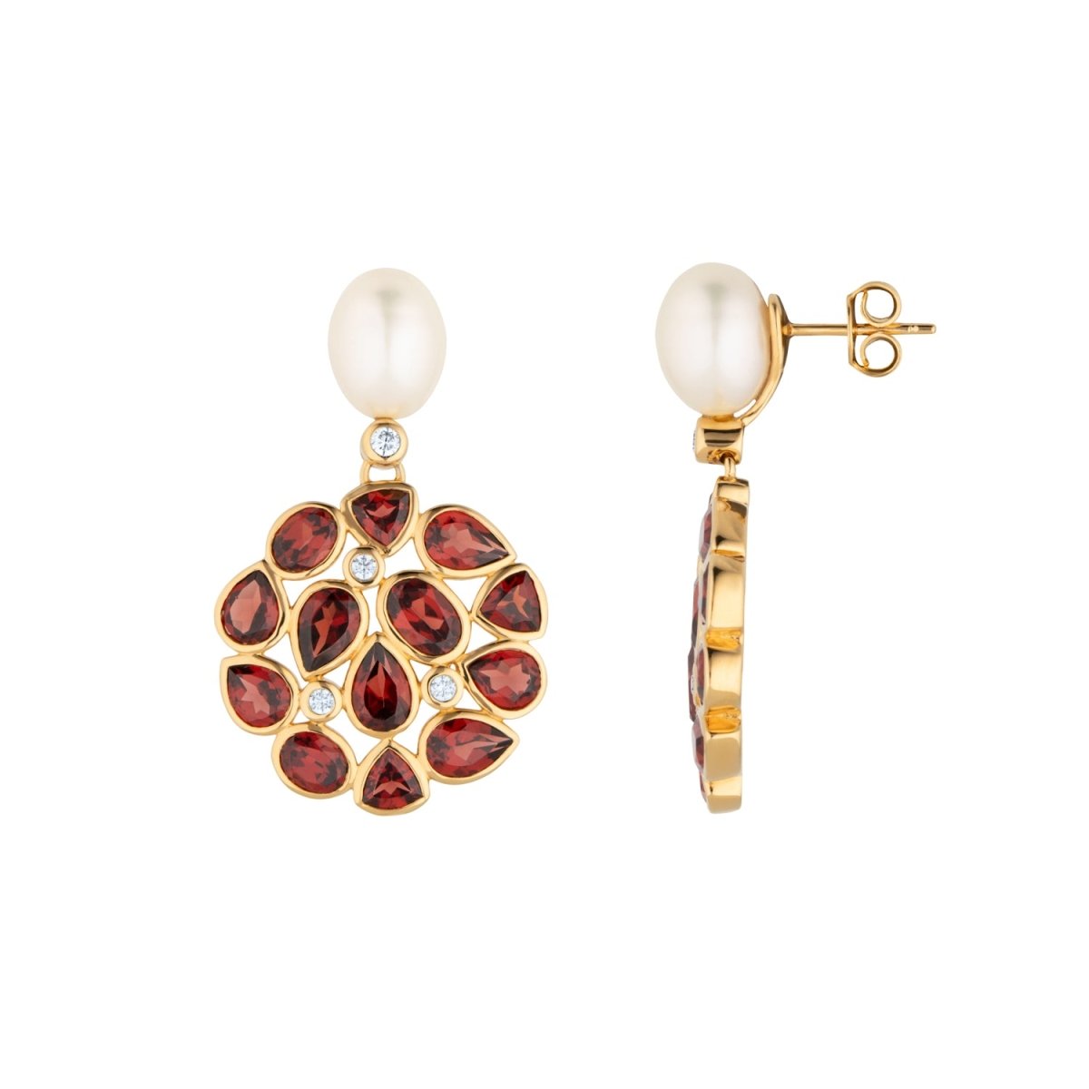 Garnet and Pearl Statement Gold Stud Drop Earrings - Lulu B London - Timeless Jewellery