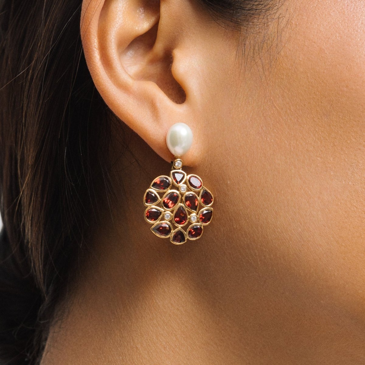 Garnet and Pearl Statement Gold Stud Drop Earrings - Lulu B London - Timeless Jewellery