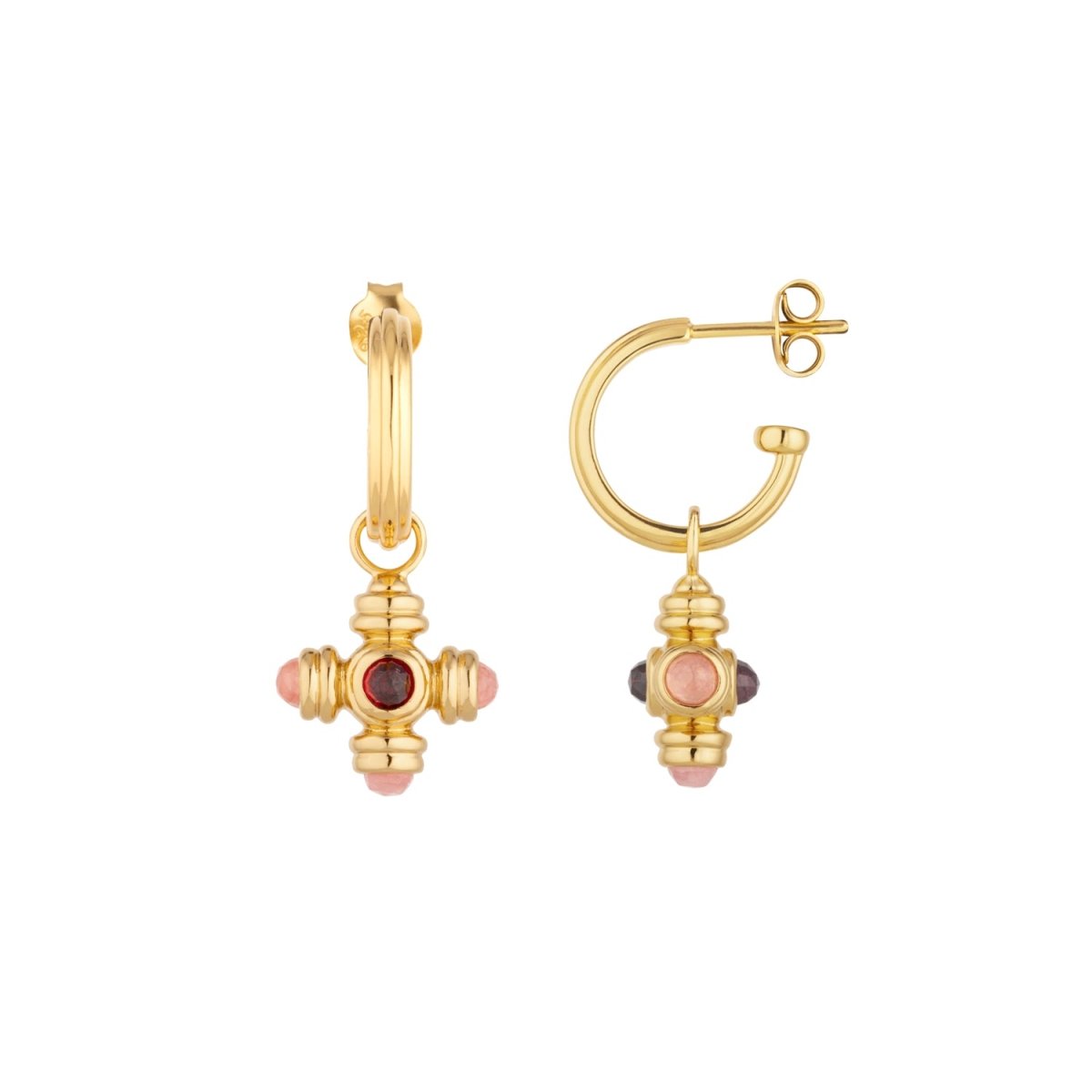 Garnet and Rhodochrosite Cross Gemstone Charm Gold Hoop Earrings - Lulu B London - Timeless Jewellery