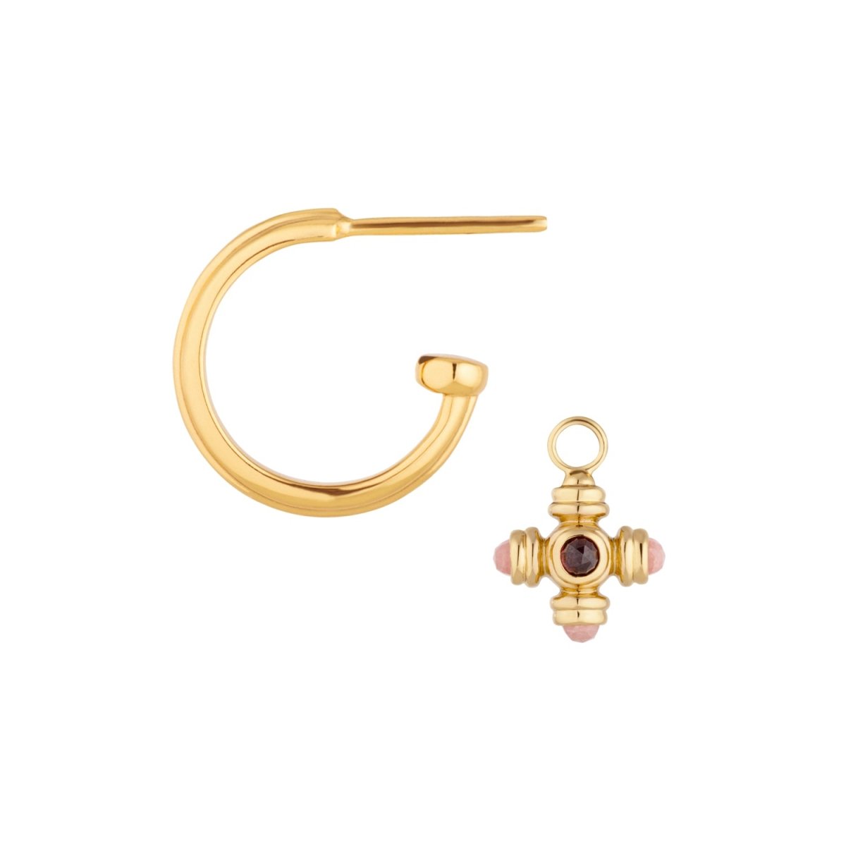 Garnet and Rhodochrosite Cross Gemstone Charm Gold Hoop Earrings - Lulu B London - Timeless Jewellery