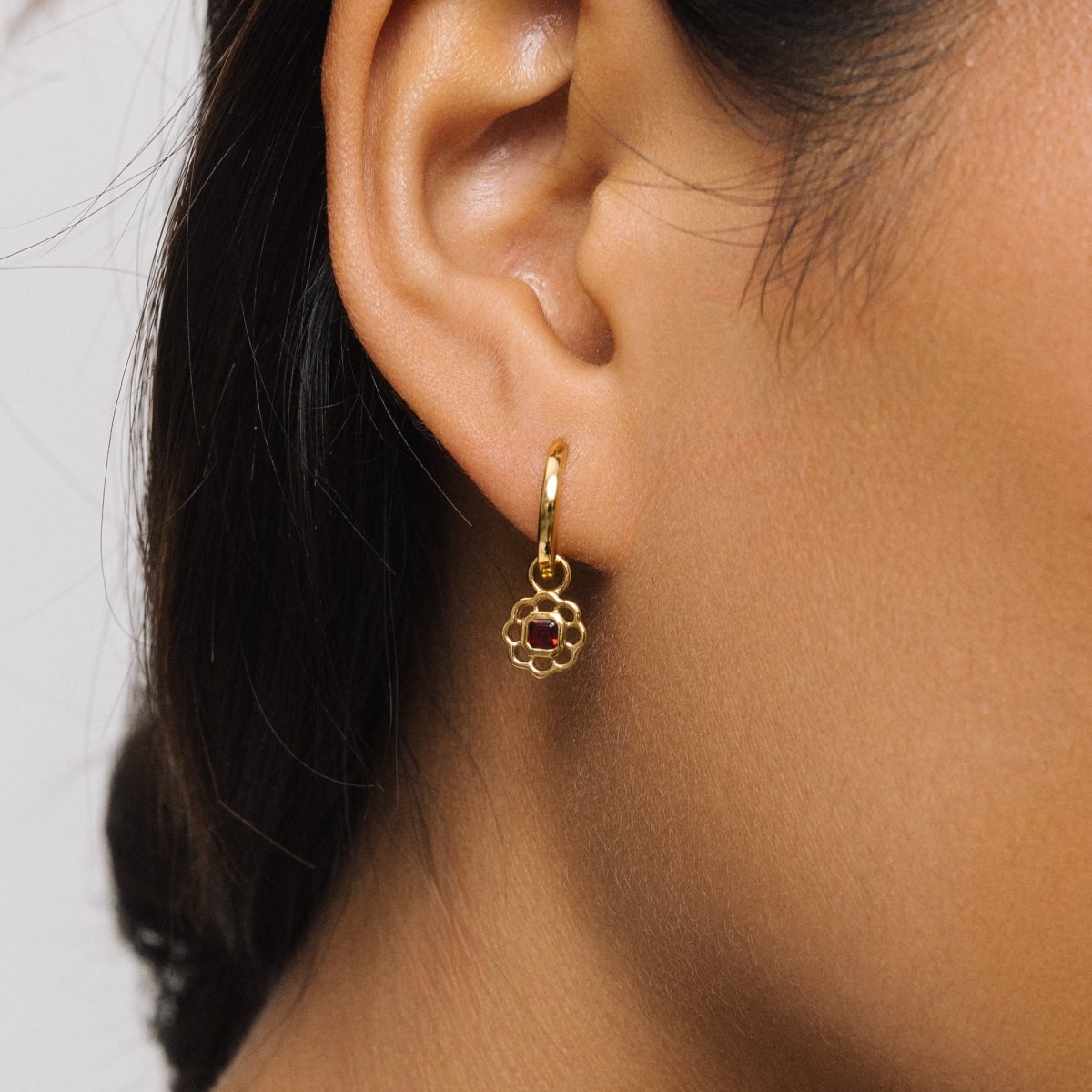 Garnet Gemstone Flower Gold Drop Hoop Earrings - Lulu B London - Timeless Jewellery