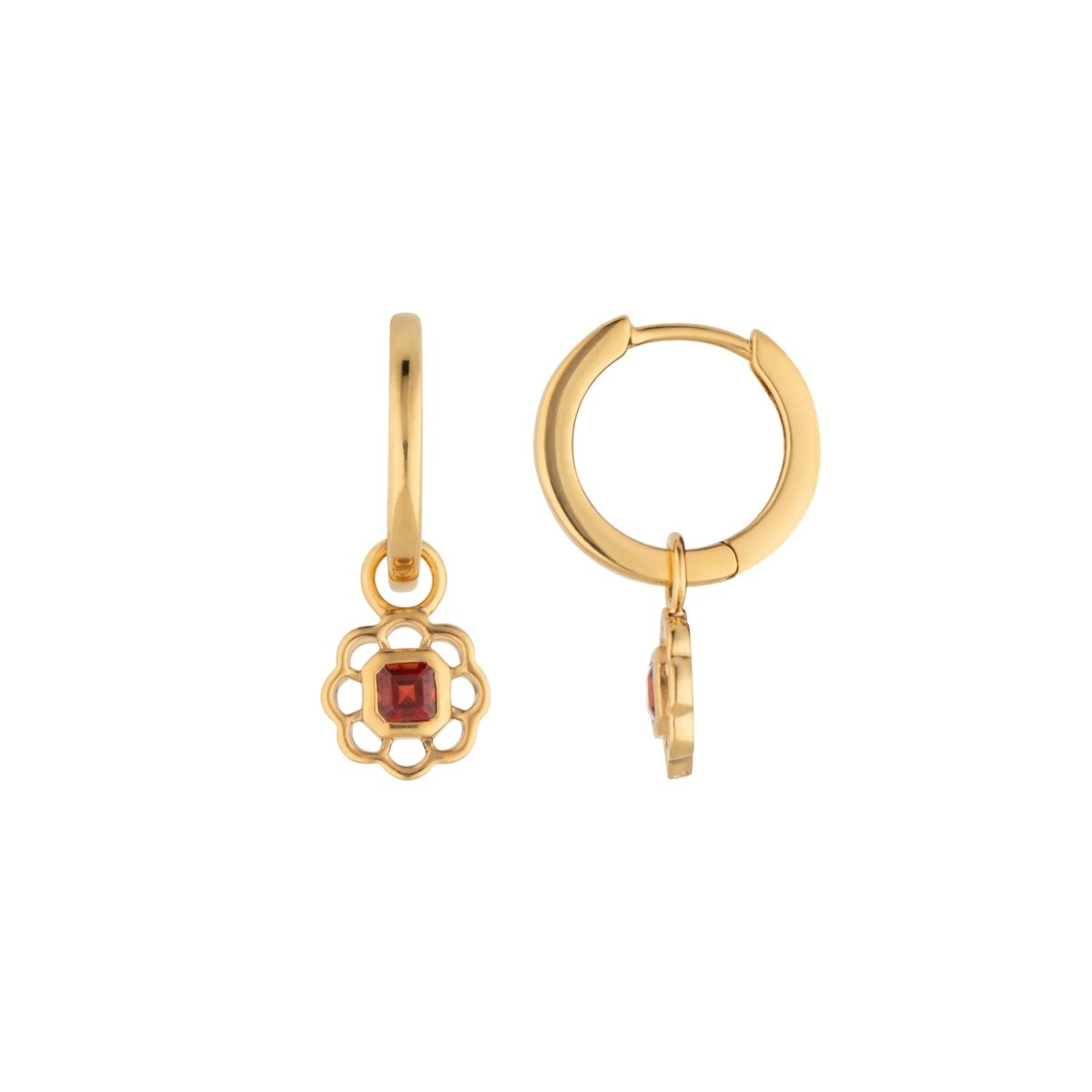 Garnet Gemstone Flower Gold Drop Hoop Earrings - Lulu B London - Timeless Jewellery