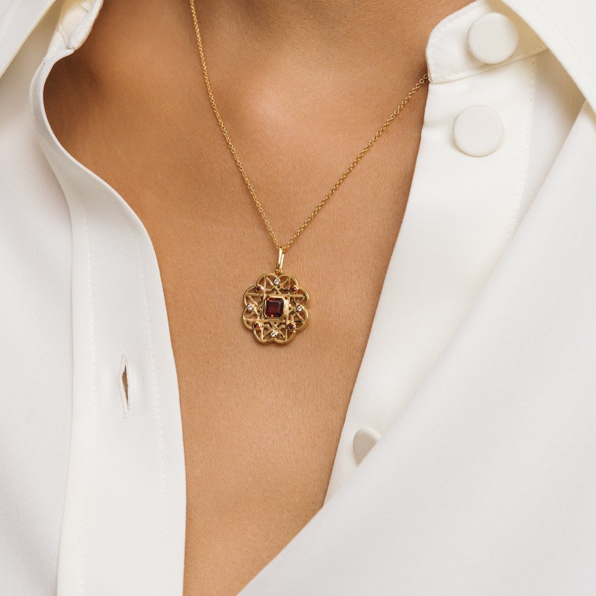 Garnet Gemstone Flower Gold Necklace - Lulu B London - Timeless Jewellery