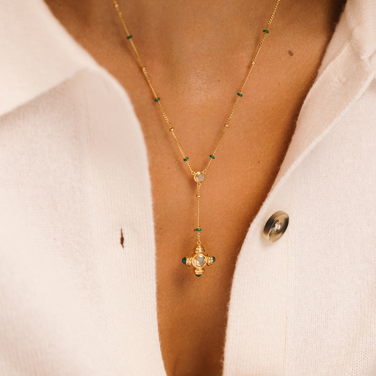 Green Agate and Labradorite Gold Lariat Necklace - Lulu B London - Timeless Jewellery