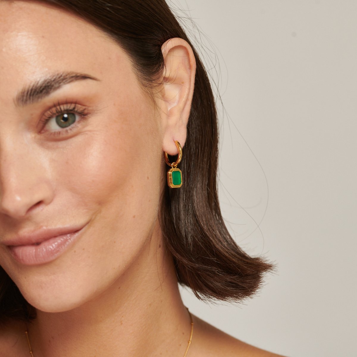 Green Agate Rectangular Gold Charm Hoop Earrings - Lulu B Jewellery