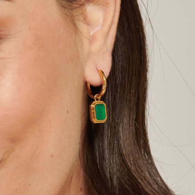 Green Agate Rectangular Gold Charm Hoop Earrings - Lulu B Jewellery