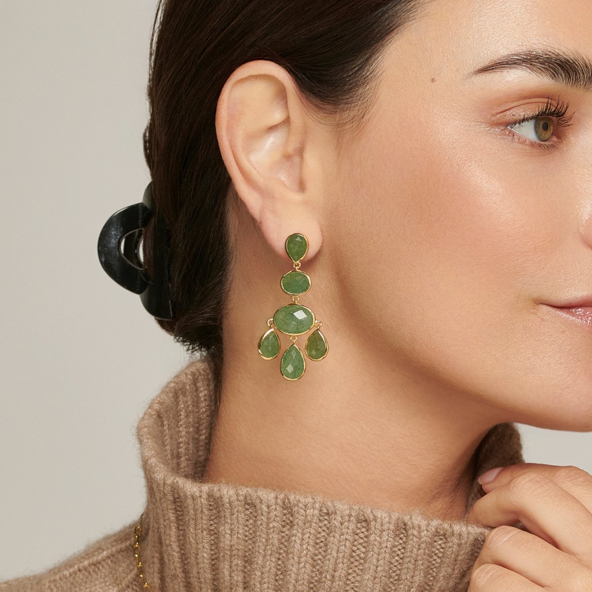 Green Aventurine Chandelier Gold Stud Drop Earrings - Lulu B Jewellery