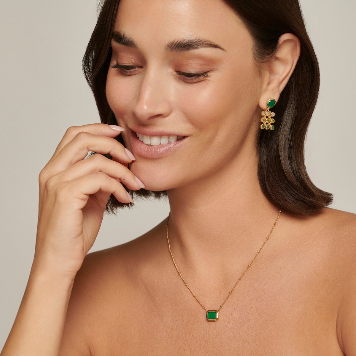 Green Onyx with Gemstone Checkerboard Gold Stud Drop Earrings - Lulu B Jewellery