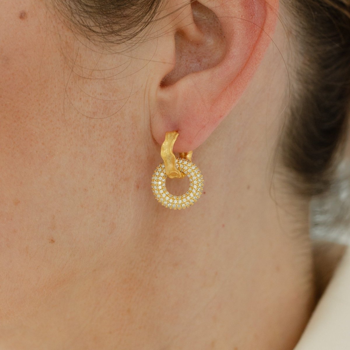 Hammered Gold Hoop Earrings with Pavé Drop - Eloise - Lulu B Jewellery