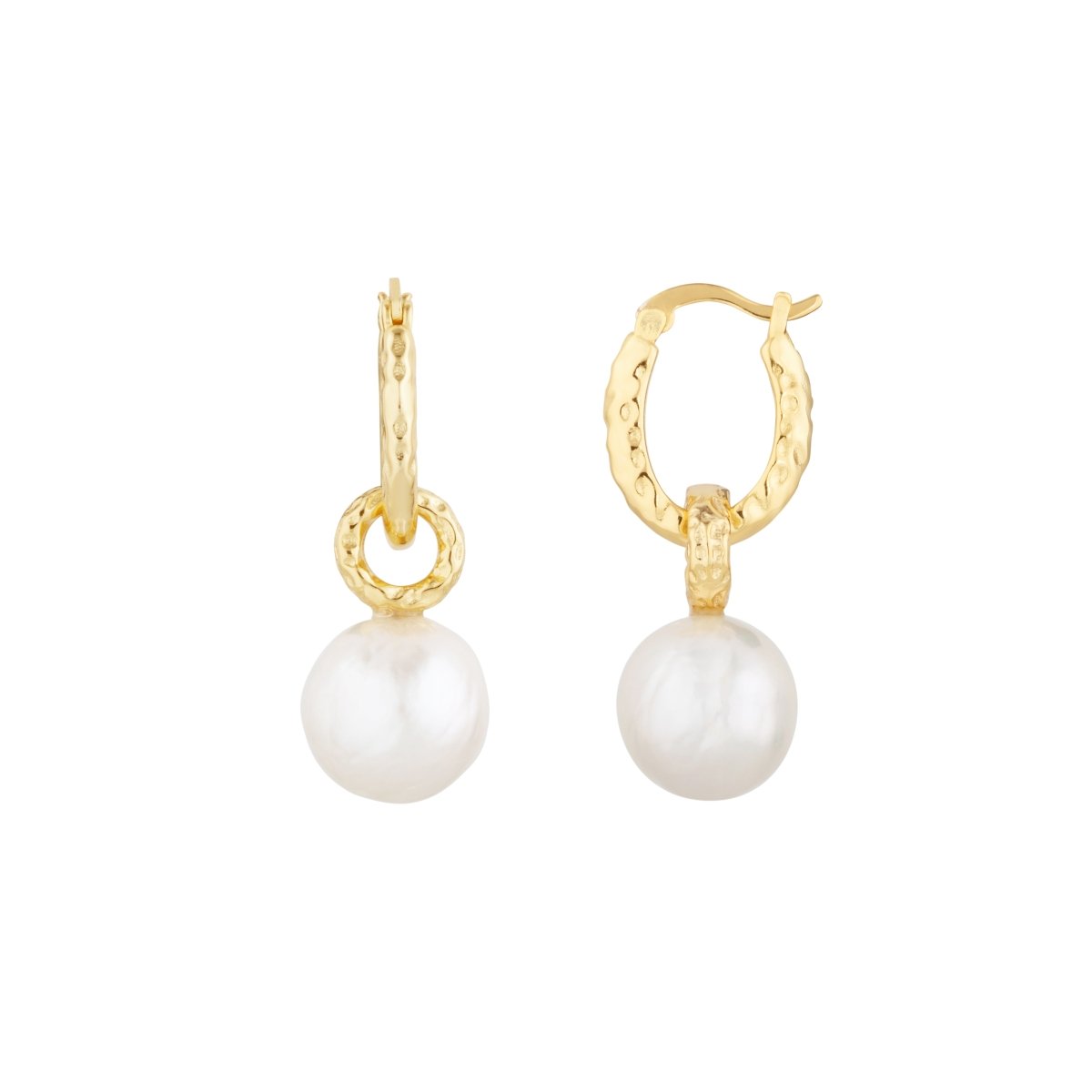 Hammered Pearl Gold Drop Hoop Earrings - Lulu B Jewellery