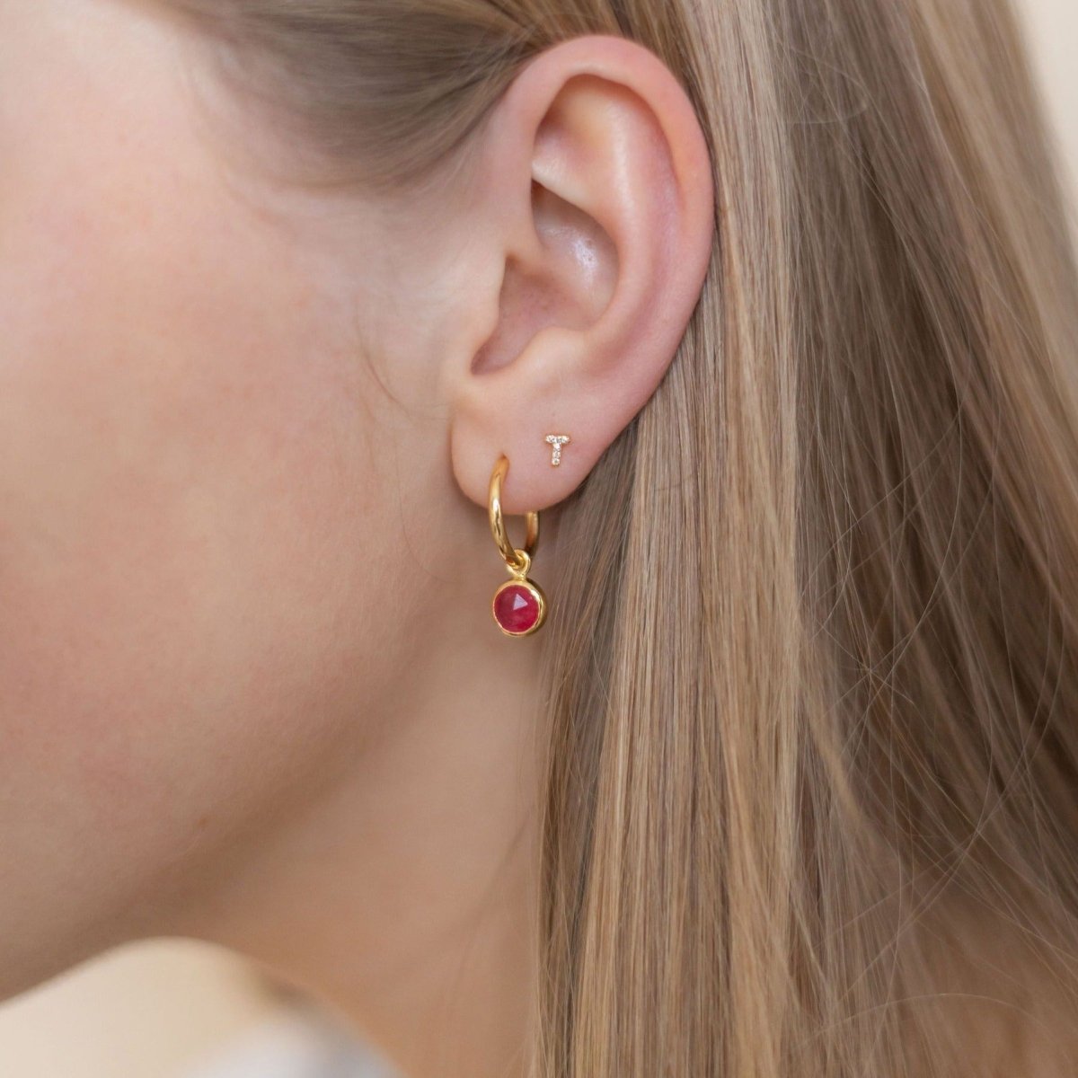 July Birthstone Gold Hoop Earrings - Ruby (Charm sold with hoops or individually) - Lulu B Jewellery