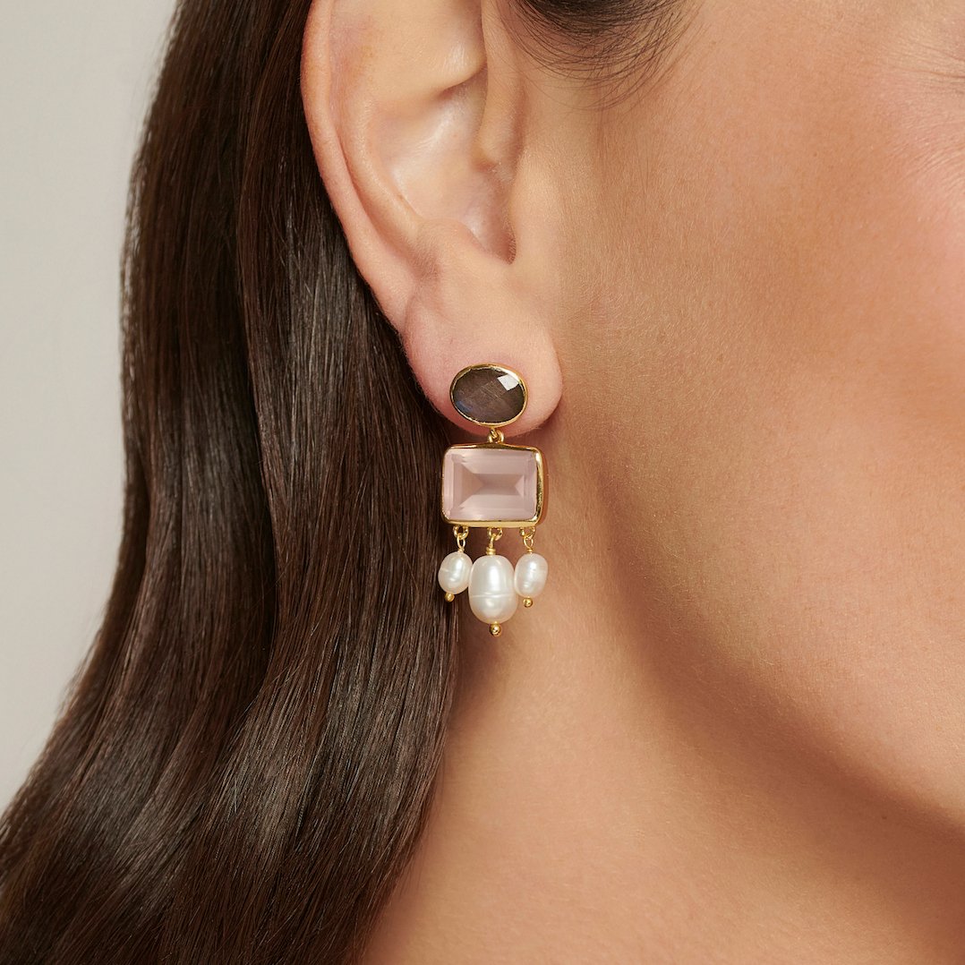 Labradorite, Rose Quartz and Pearl Gold Stud Drop Earrings - Lulu B Jewellery