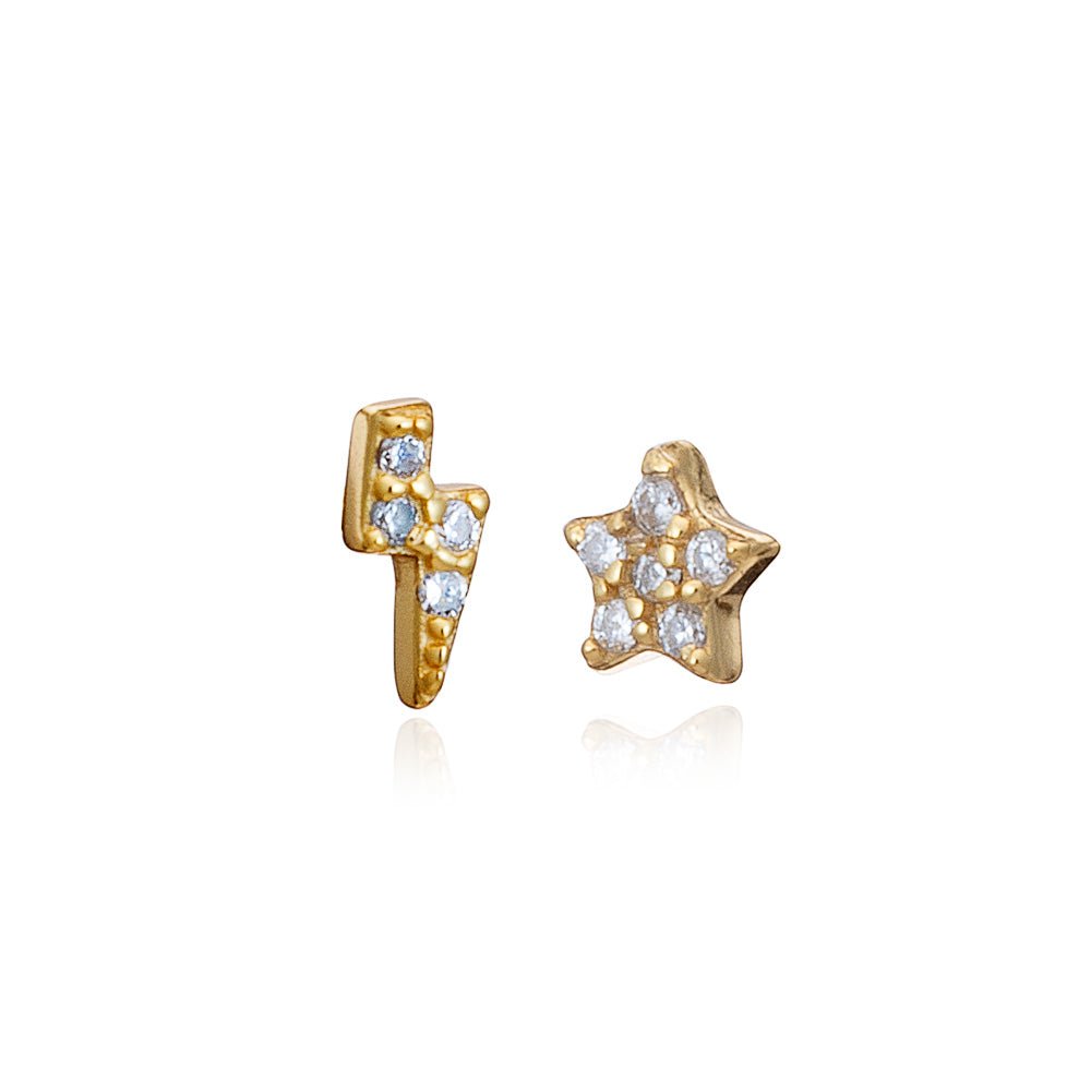 Lightning Bolt and Star Gold Mini Stud Earrings with Cubic Zirconia - Lulu B Jewellery